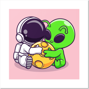 Cute Astronaut And Alien Hug Moon Cartoon Posters and Art